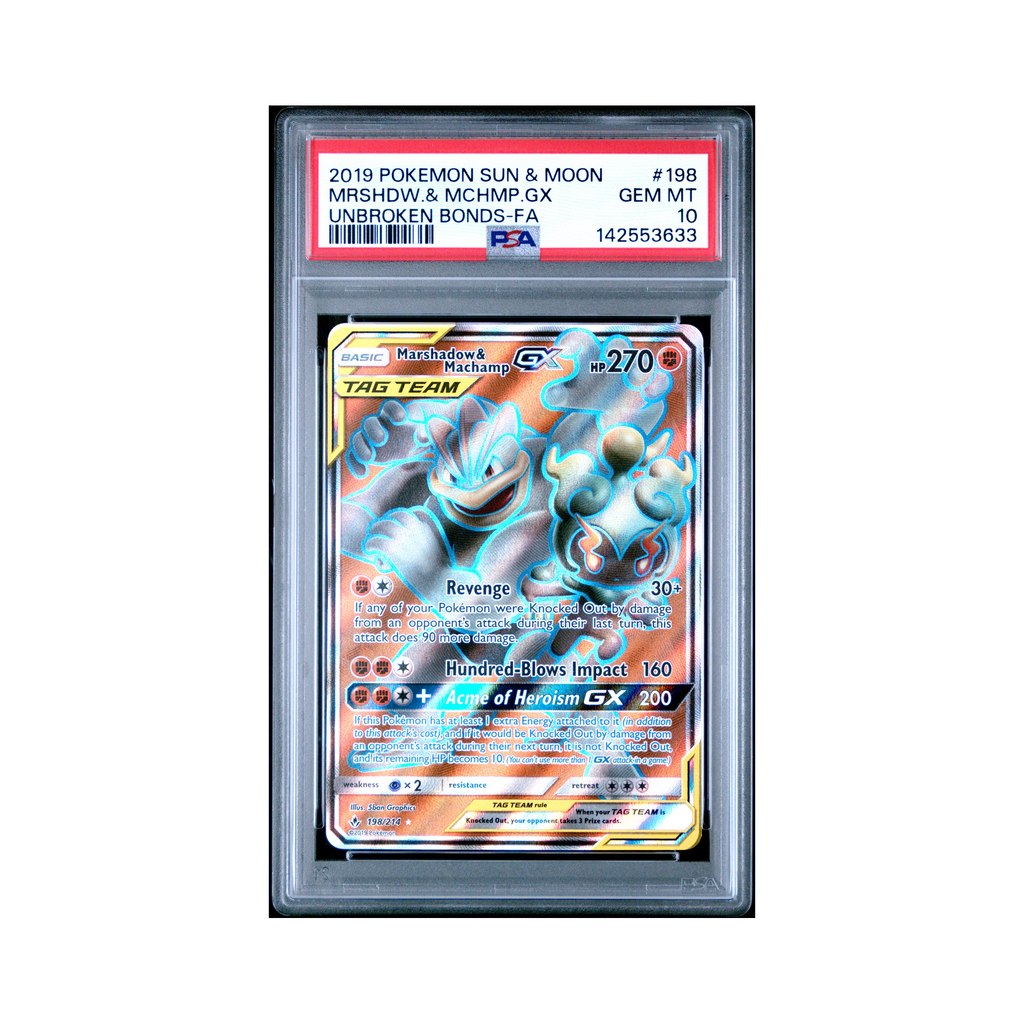 2019 Pokemon Sun & Moon Unbroken Bonds Mrshdw.& Mchmp.gx #198 PSA 10