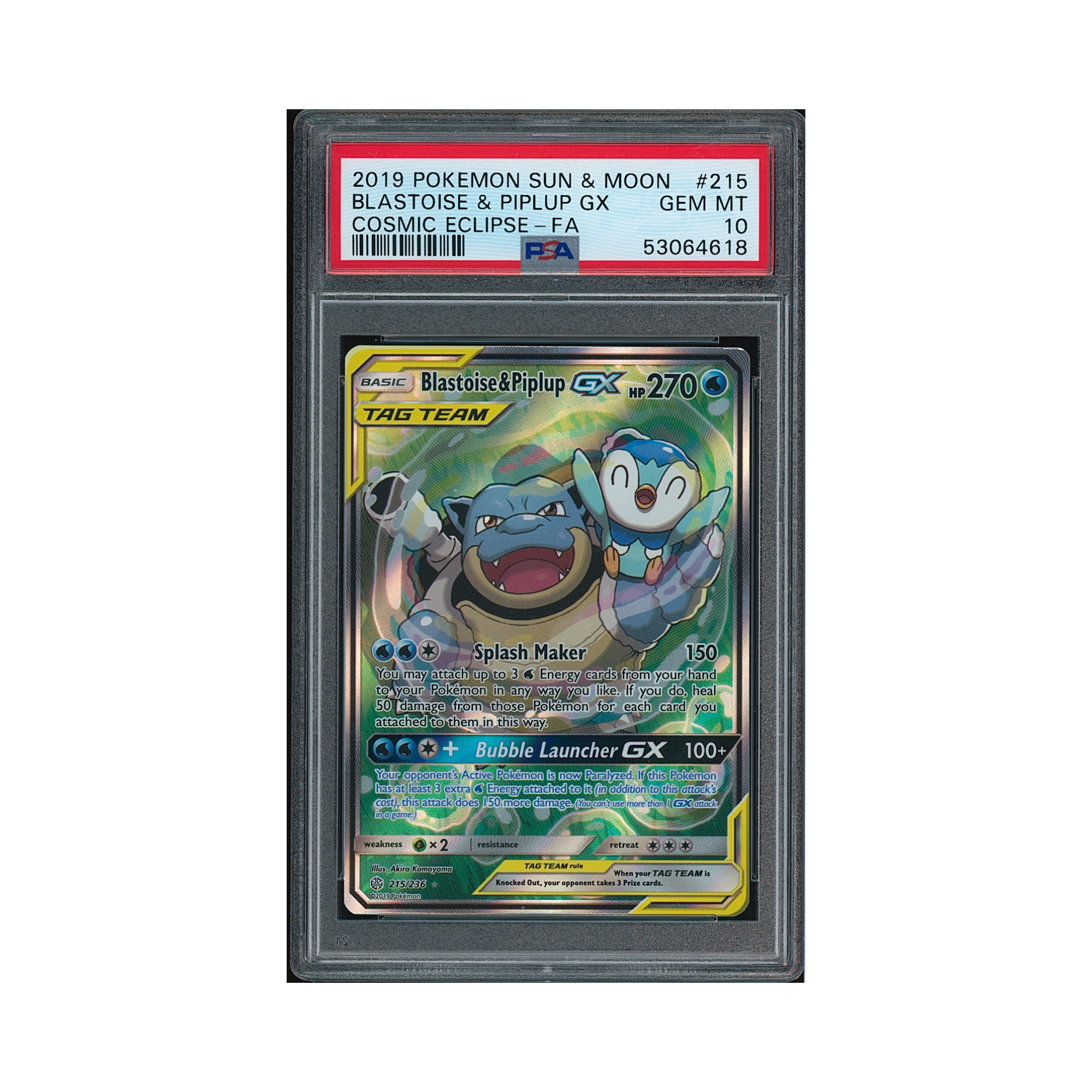 2019 Pokemon Sun & Moon Cosmic Eclipse Blastoise & Piplup GX #215 PSA 10