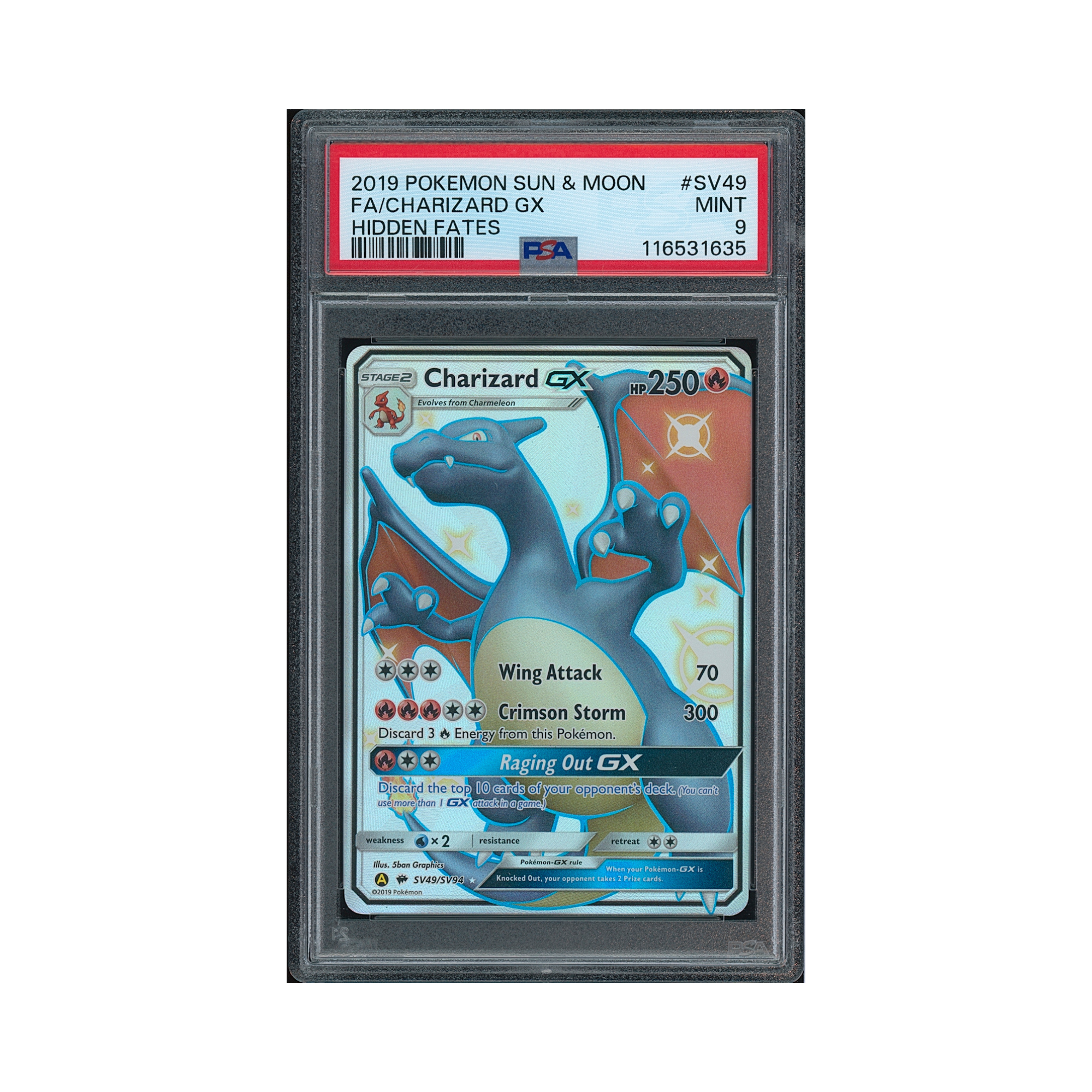 2019 Pokemon Sun & Moon Hidden Fates Charizard GX #SV49 PSA 9