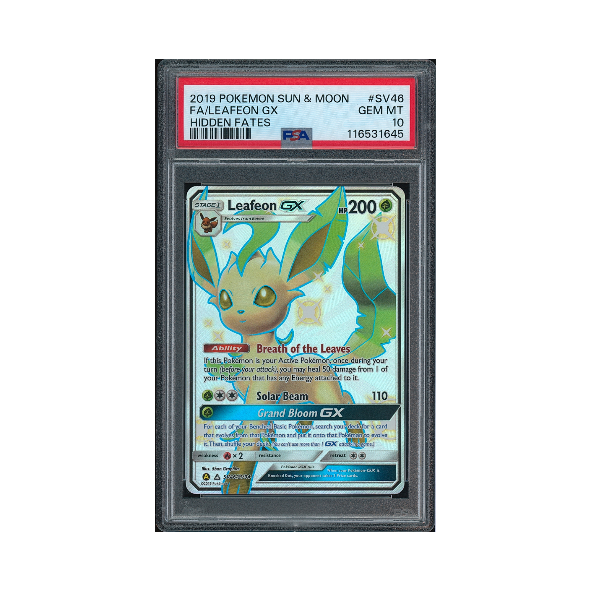 2019 Pokemon Sun & Moon Hidden Fates Leafeon GX #SV46 PSA 10