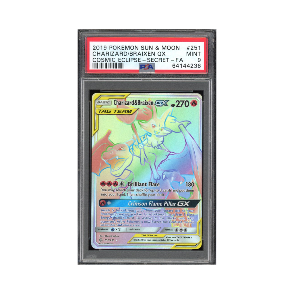 2019 Pokemon Sun & Moon Cosmic Eclipse FA Secret Charizard & Braixen GX #251 PSA 9