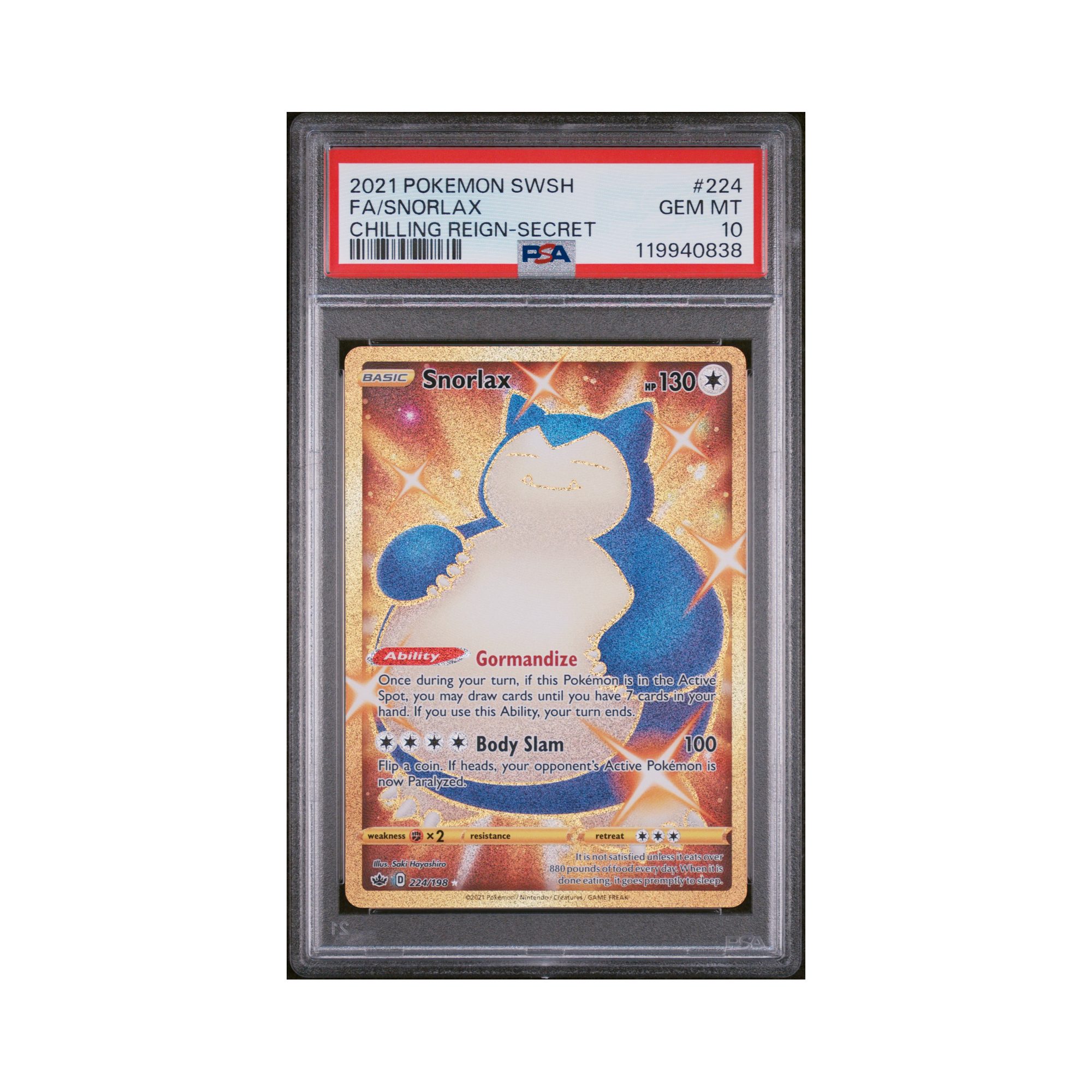 2021 Pokemon Sword & Shield Chilling Reign Snorlax #224 PSA 10