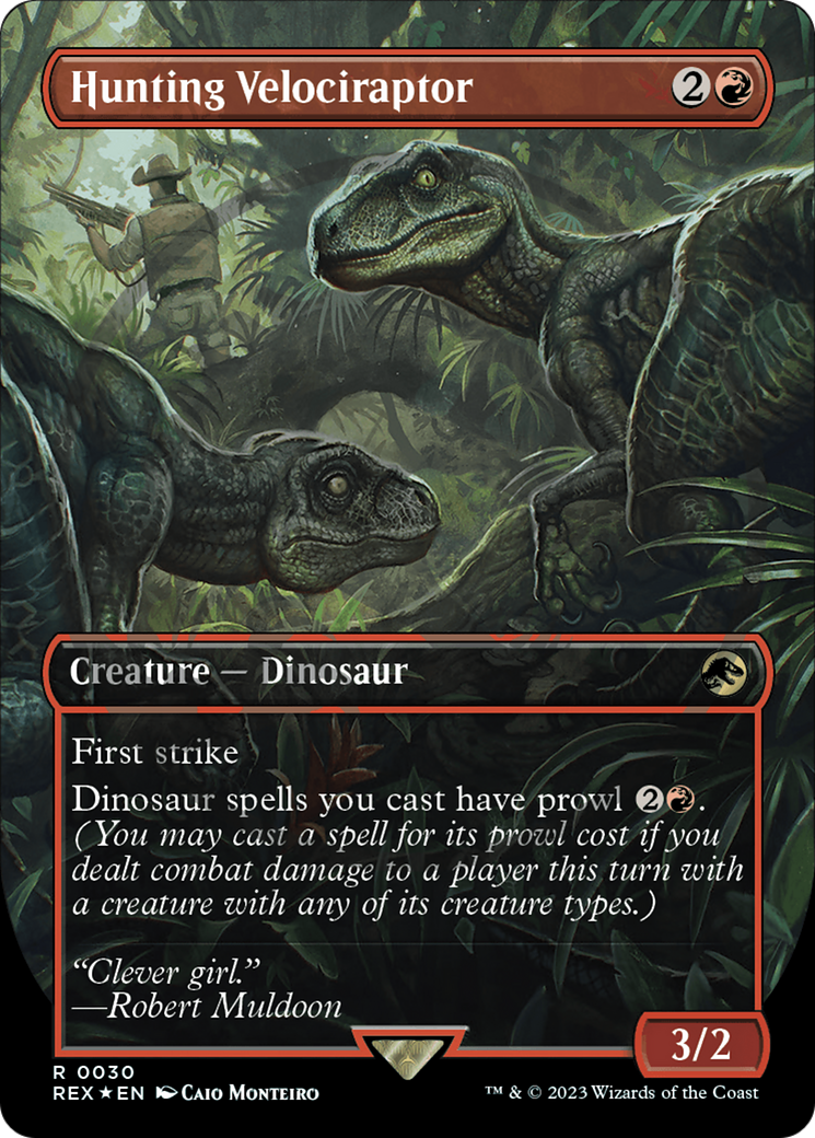 FOIL Hunting Velociraptor (Borderless) (Emblem) (REX-030) - Jurassic World Collection - Magic The Gathering