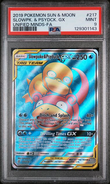 PSA 9 - 2019 POKEMON SUN & MOON UNIFIED MINDS #217 SLOWPK. & PSYDCK. GX UNIFIED MINDS-FA