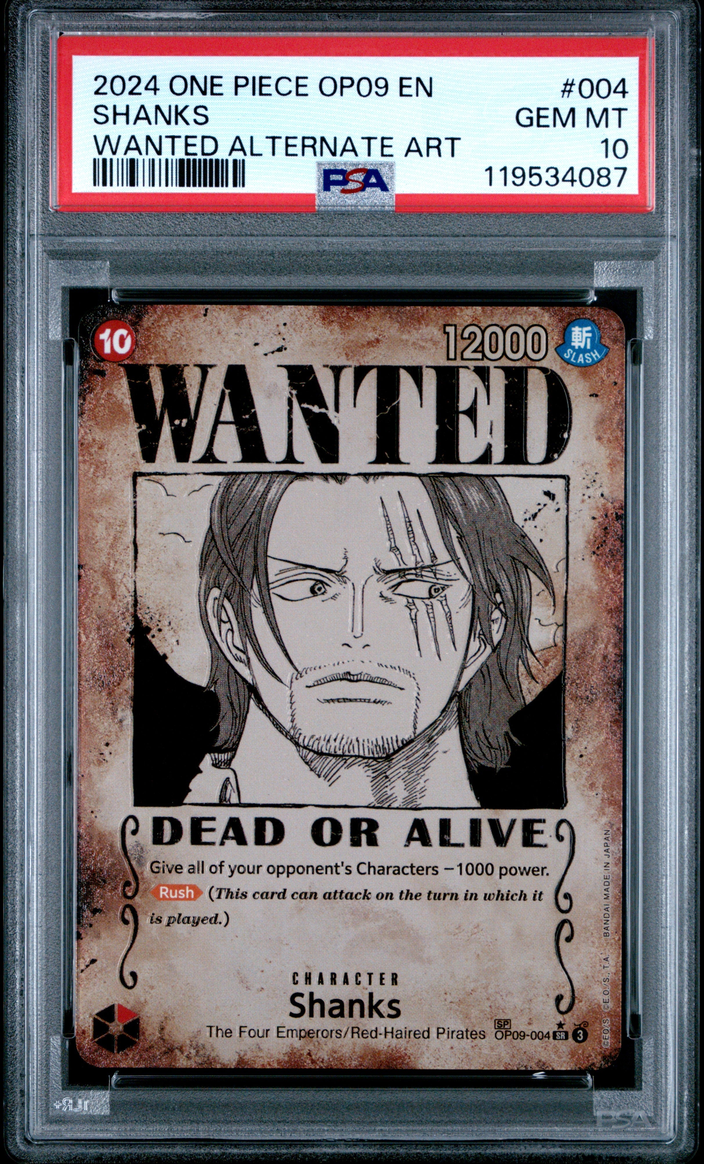 2024 One Piece Op09 Emperors In The New World #004 Shanks Wanted Alt Art PSA 10