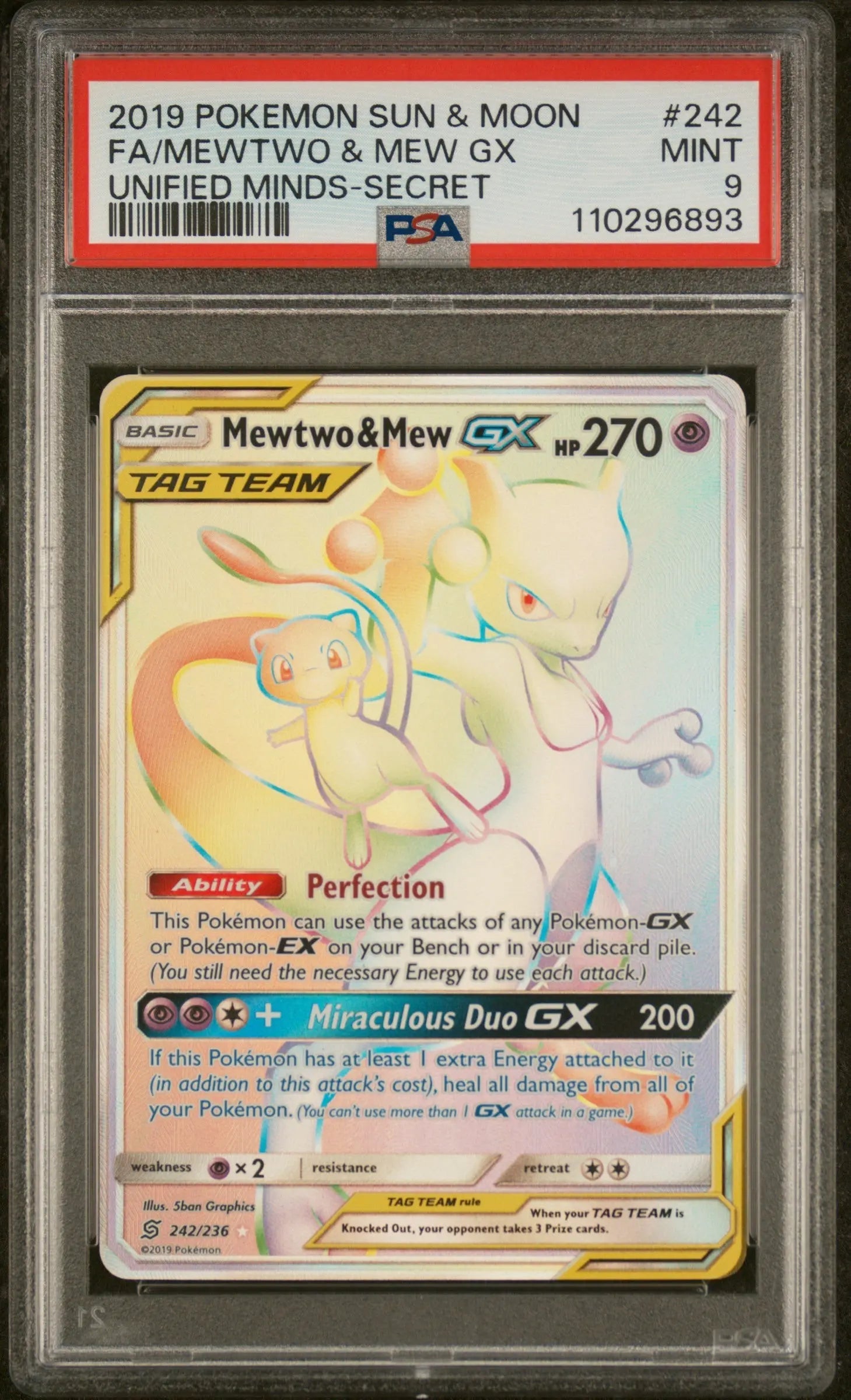 Psa 9 - 2019 POKEMON SUN & MOON UNIFIED MINDS #242 FA/MEWTWO & MEW GX UNIFIED MINDS-SECRET