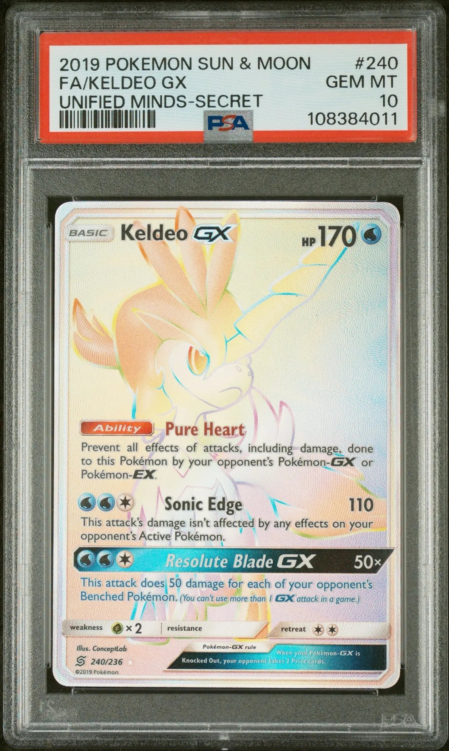 PSA 10 - 2019 POKEMON SUN & MOON UNIFIED MINDS #240 FA/KELDEO GX UNIFIED MINDS-SECRET
