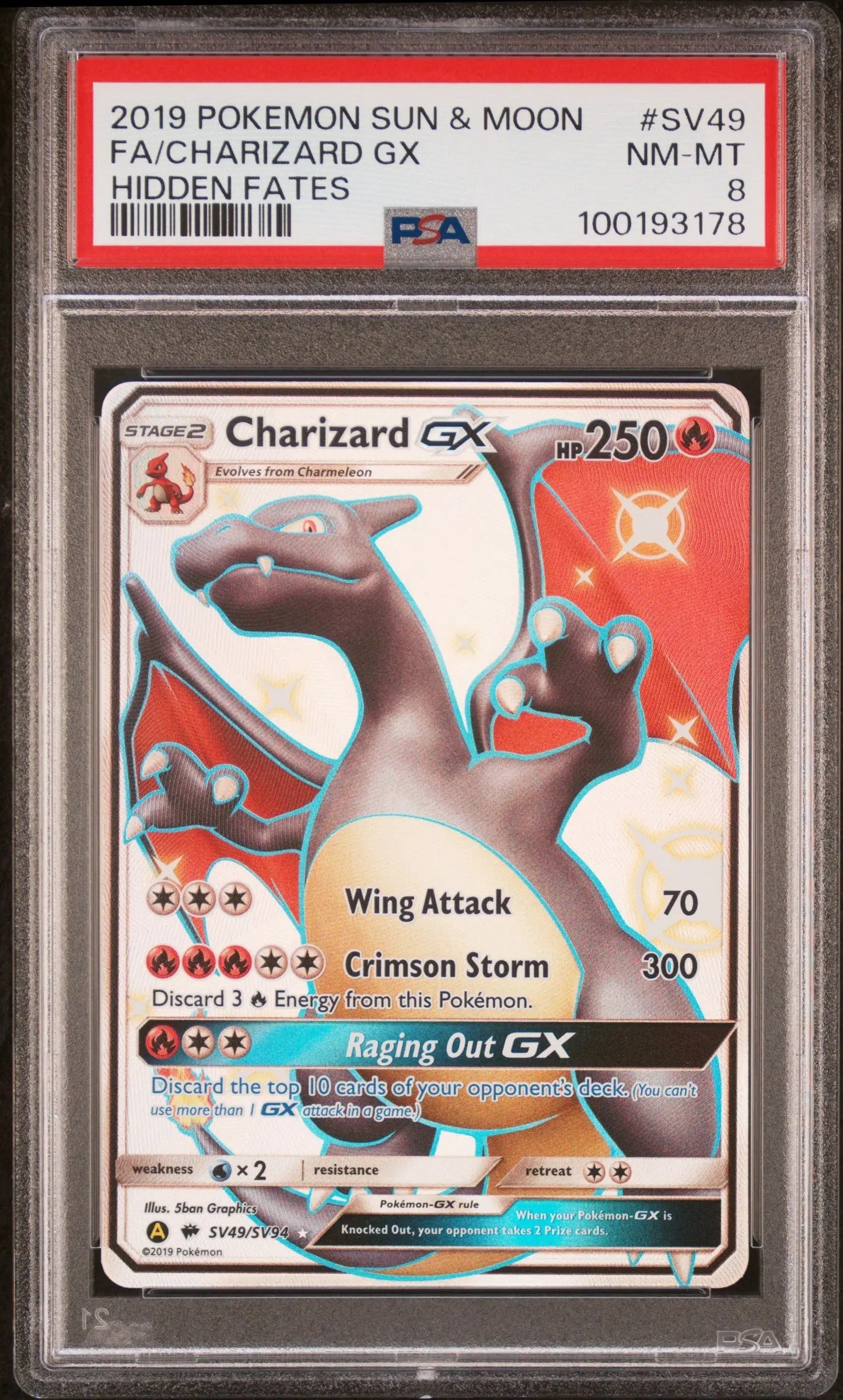 PSA 8 - 2019 POKEMON SUN & MOON HIDDEN FATES #SV49 FA/CHARIZARD GX HIDDEN FATES