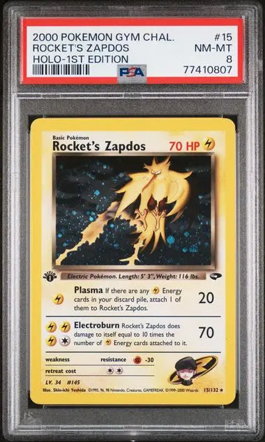 PSA 8 - 2000 POKEMON GYM CHALLENGE #15 ROCKET'S ZAPDOS HOLO-1ST EDITION