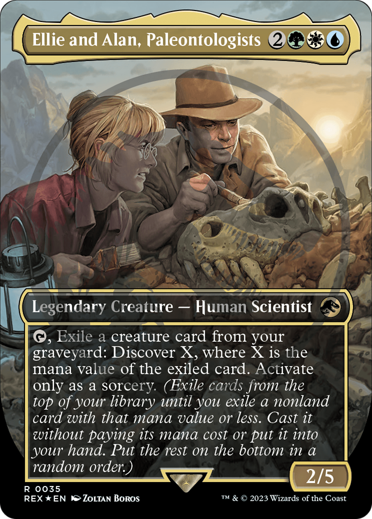 FOIL Ellie and Alan, Paleontologists (Borderless) (Emblem) (REX-035) - Jurassic World Collection - Magic The Gathering