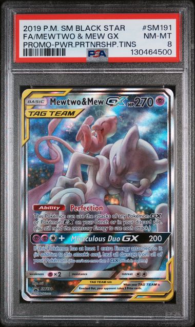PSA 8 - 2019 POKEMON SM BLACK STAR PROMO #SM191 FA/MEWTWO & MEW GX PROMO-PWR.PRTNRSHP.TINS