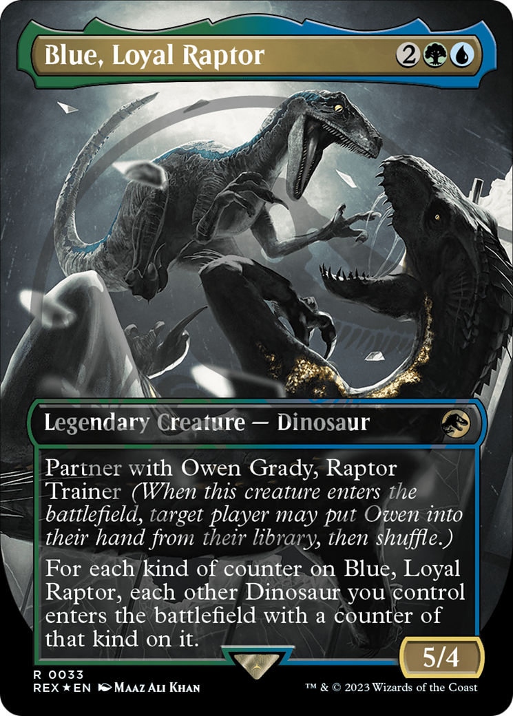 FOIL Blue, Loyal Raptor (Borderless) (Emblem) (REX-033) - Jurassic World Collection - Magic The Gathering