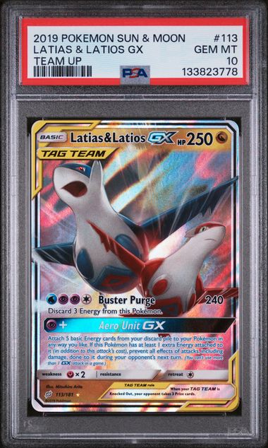 PSA 10 - 2019 POKEMON SUN & MOON TEAM UP #113 LATIAS & LATIOS GX TEAM UP