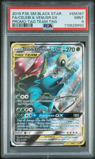 PSA 9 - 2019 POKEMON SM BLACK STAR PROMO #SM167 FA/CELEBI & VENUSR.GX PROMO-TAG TEAM TINS