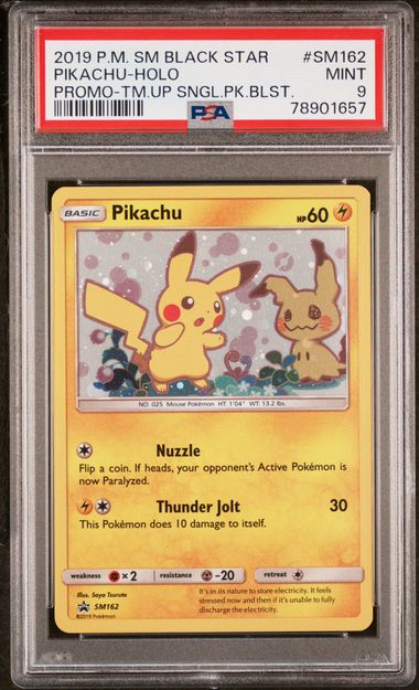 PSA 9 - 2019 POKEMON SM BLACK STAR PROMO #SM162 PIKACHU-HOLO PROMO-TM.UP SNGL.PK.BLST.